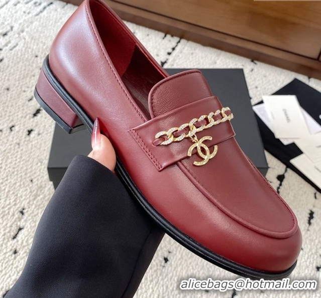 Luxury Cheap Chanel Shiny Lambskin Loafers with Chain and Strass Red 2025 G46581
