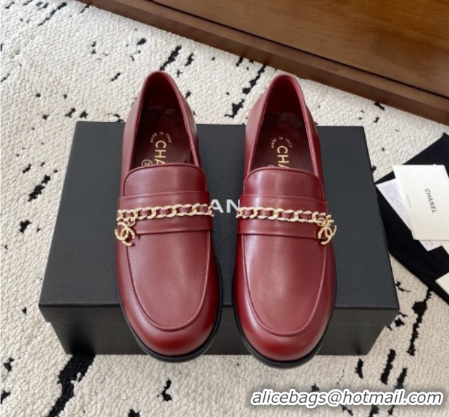 Luxury Cheap Chanel Shiny Lambskin Loafers with Chain and Strass Red 2025 G46581