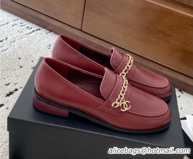 Luxury Cheap Chanel Shiny Lambskin Loafers with Chain and Strass Red 2025 G46581