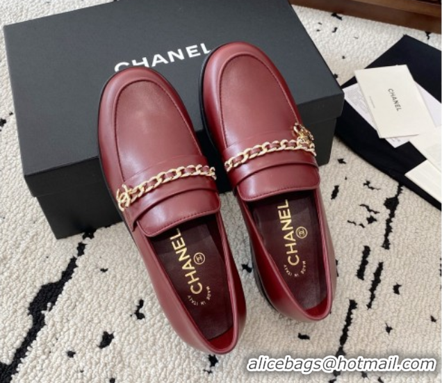 Luxury Cheap Chanel Shiny Lambskin Loafers with Chain and Strass Red 2025 G46581