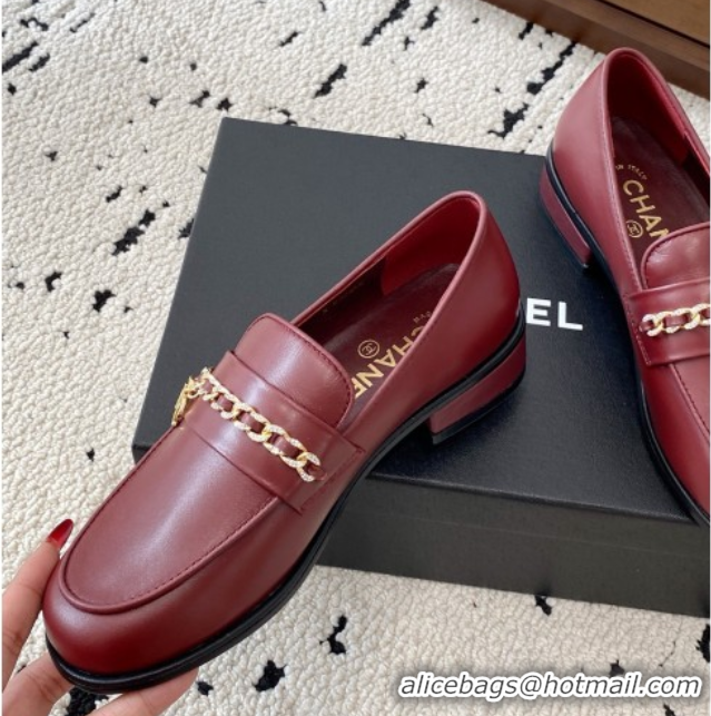 Luxury Cheap Chanel Shiny Lambskin Loafers with Chain and Strass Red 2025 G46581