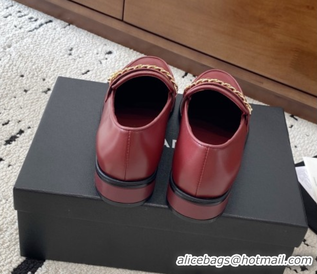 Luxury Cheap Chanel Shiny Lambskin Loafers with Chain and Strass Red 2025 G46581