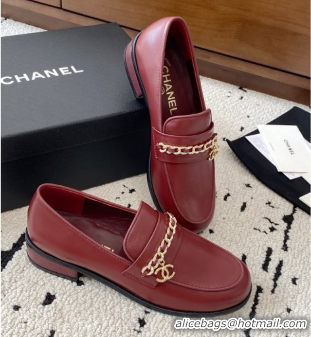 Luxury Cheap Chanel Shiny Lambskin Loafers with Chain and Strass Red 2025 G46581