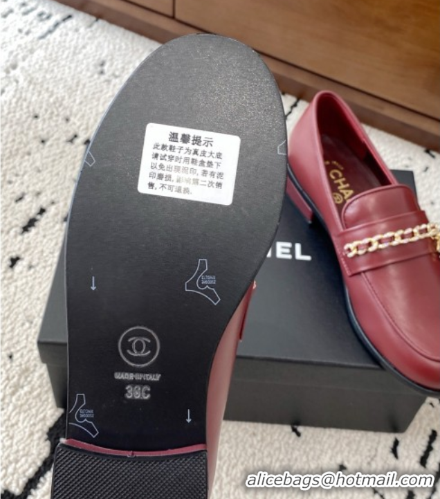 Luxury Cheap Chanel Shiny Lambskin Loafers with Chain and Strass Red 2025 G46581