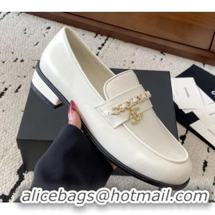 Luxury Chanel Shiny Lambskin Loafers with Chain and Strass White 2025 G46581