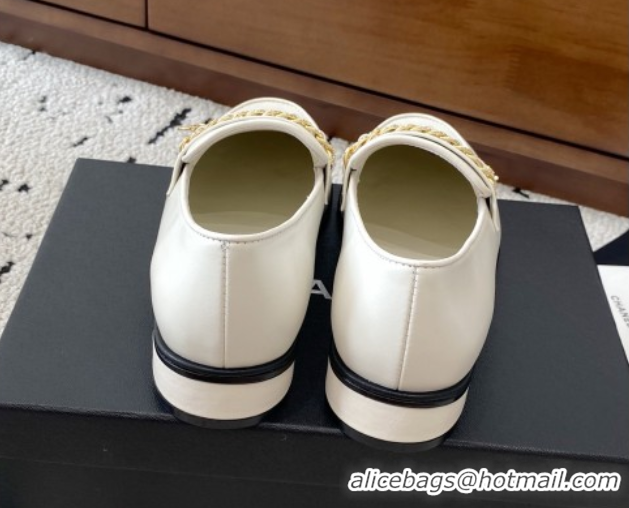Luxury Chanel Shiny Lambskin Loafers with Chain and Strass White 2025 G46581