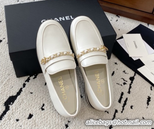 Luxury Chanel Shiny Lambskin Loafers with Chain and Strass White 2025 G46581