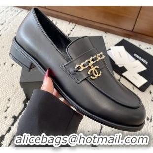 Stylish Chanel Shiny Lambskin Loafers with Chain and Strass Black 2025 G46581