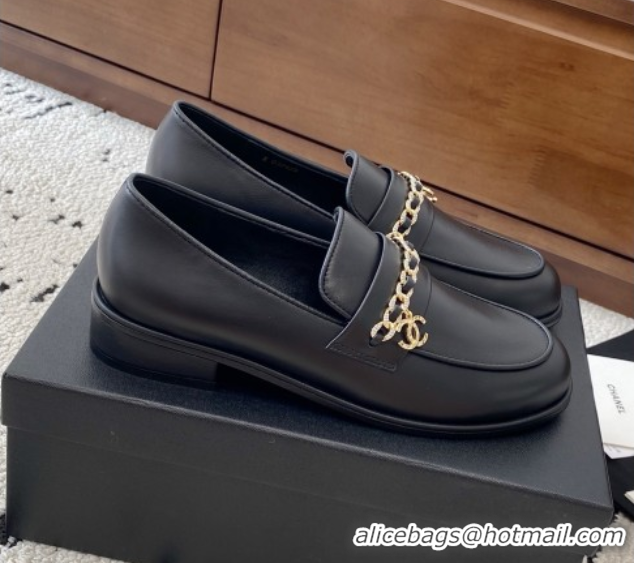 Stylish Chanel Shiny Lambskin Loafers with Chain and Strass Black 2025 G46581