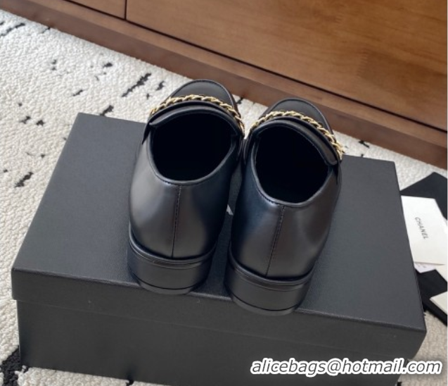 Stylish Chanel Shiny Lambskin Loafers with Chain and Strass Black 2025 G46581