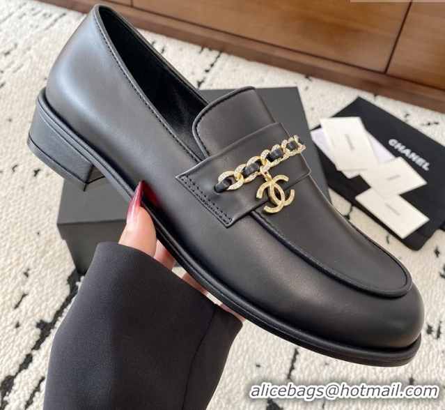 Stylish Chanel Shiny Lambskin Loafers with Chain and Strass Black 2025 G46581