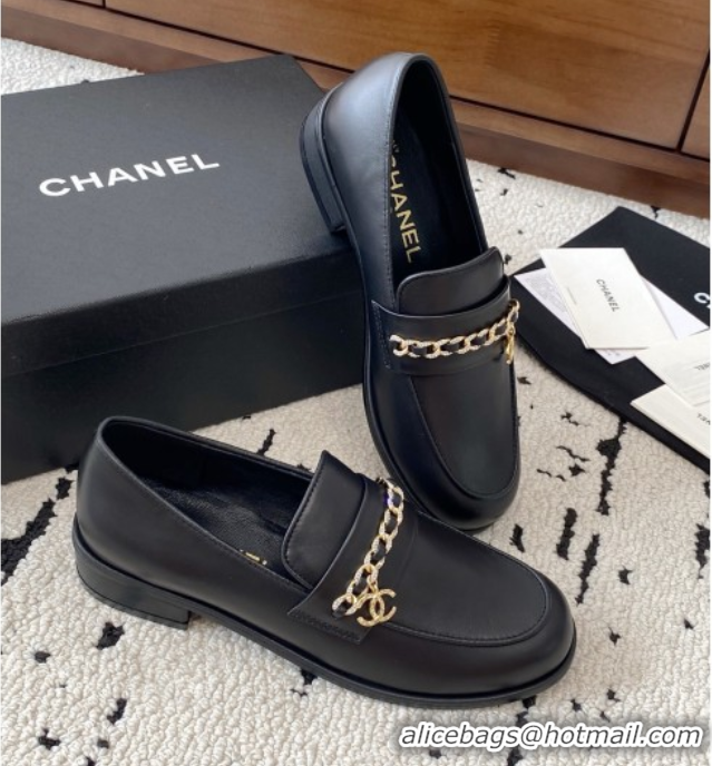 Stylish Chanel Shiny Lambskin Loafers with Chain and Strass Black 2025 G46581