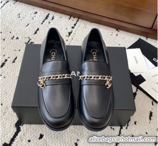 Stylish Chanel Shiny Lambskin Loafers with Chain and Strass Black 2025 G46581