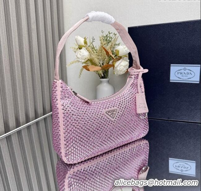 Top Grade Prada Re-Edition Satin Mini-bag with Crystals 1NE515 Pink 2025