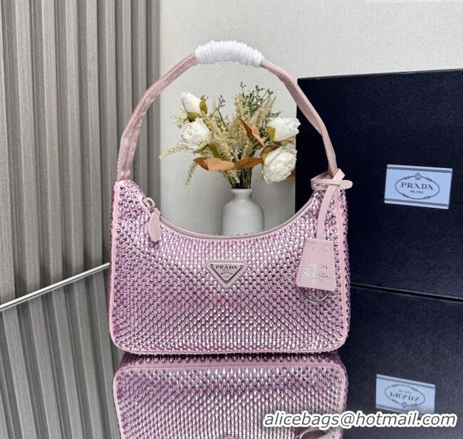 Top Grade Prada Re-Edition Satin Mini-bag with Crystals 1NE515 Pink 2025