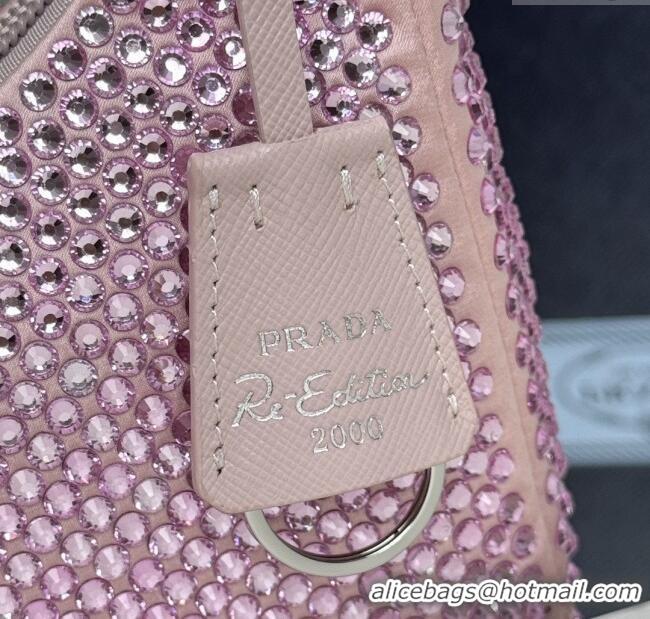 Top Grade Prada Re-Edition Satin Mini-bag with Crystals 1NE515 Pink 2025