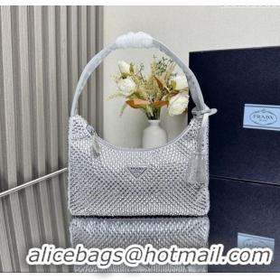 Original Cheap Prada Re-Edition Satin Mini-bag with Crystals 1NE515 Silver Grey 2025