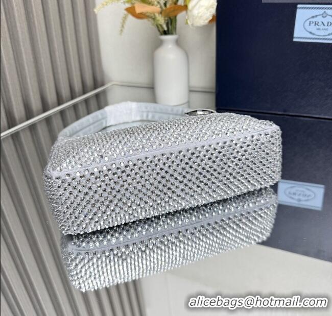 Original Cheap Prada Re-Edition Satin Mini-bag with Crystals 1NE515 Silver Grey 2025