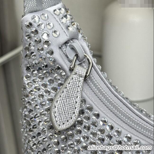 Original Cheap Prada Re-Edition Satin Mini-bag with Crystals 1NE515 Silver Grey 2025