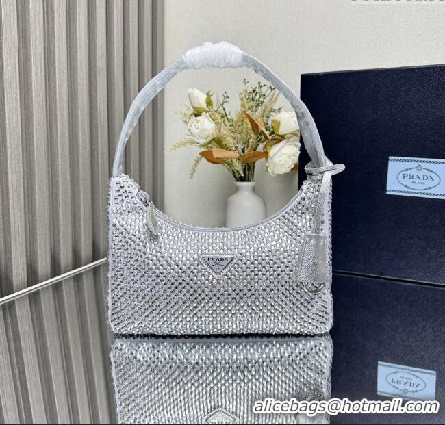 Original Cheap Prada Re-Edition Satin Mini-bag with Crystals 1NE515 Silver Grey 2025