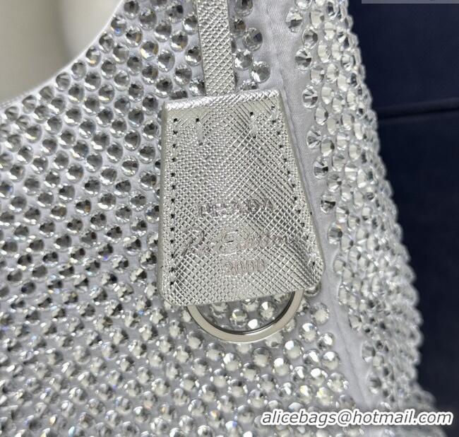 Original Cheap Prada Re-Edition Satin Mini-bag with Crystals 1NE515 Silver Grey 2025
