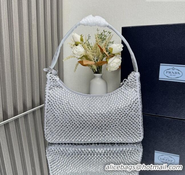 Original Cheap Prada Re-Edition Satin Mini-bag with Crystals 1NE515 Silver Grey 2025