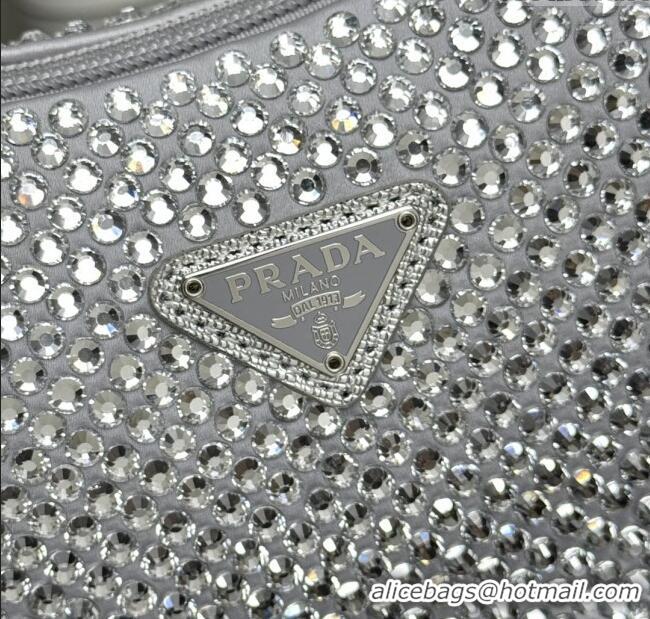 Original Cheap Prada Re-Edition Satin Mini-bag with Crystals 1NE515 Silver Grey 2025