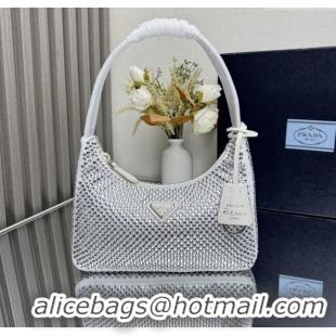 Original Cheap Prada Re-Edition Satin Mini-bag with Crystals 1NE515 White 2025