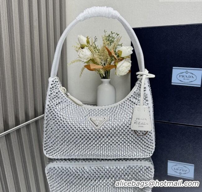 Original Cheap Prada Re-Edition Satin Mini-bag with Crystals 1NE515 White 2025