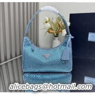 Luxury Cheap Prada Re-Edition Satin Mini-bag with Crystals 1NE515 Blue 2025