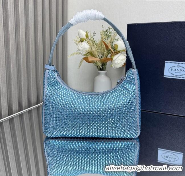 Luxury Cheap Prada Re-Edition Satin Mini-bag with Crystals 1NE515 Blue 2025
