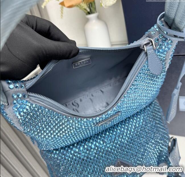 Luxury Cheap Prada Re-Edition Satin Mini-bag with Crystals 1NE515 Blue 2025