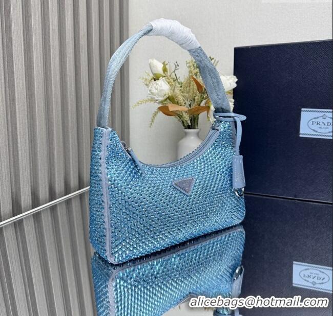 Luxury Cheap Prada Re-Edition Satin Mini-bag with Crystals 1NE515 Blue 2025
