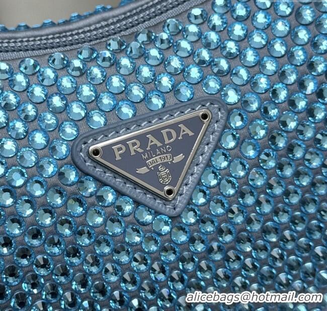 Luxury Cheap Prada Re-Edition Satin Mini-bag with Crystals 1NE515 Blue 2025