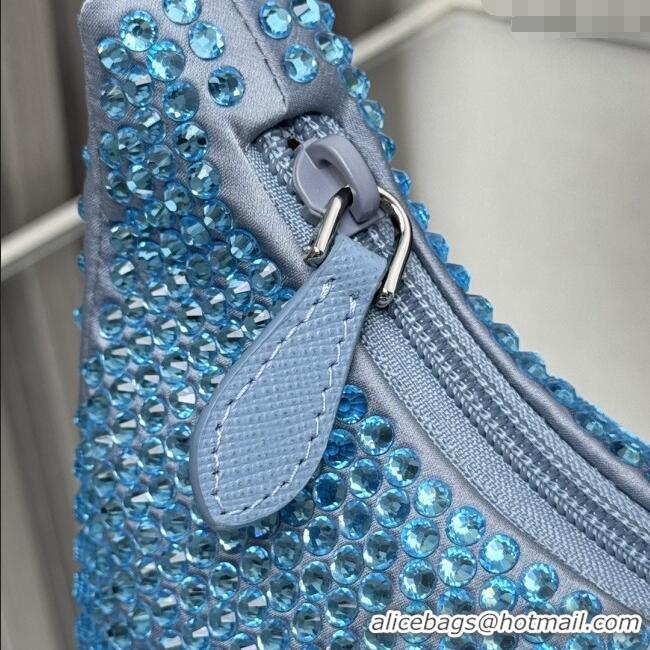 Luxury Cheap Prada Re-Edition Satin Mini-bag with Crystals 1NE515 Blue 2025