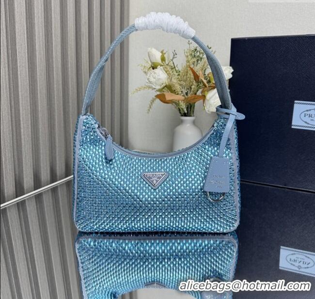 Luxury Cheap Prada Re-Edition Satin Mini-bag with Crystals 1NE515 Blue 2025