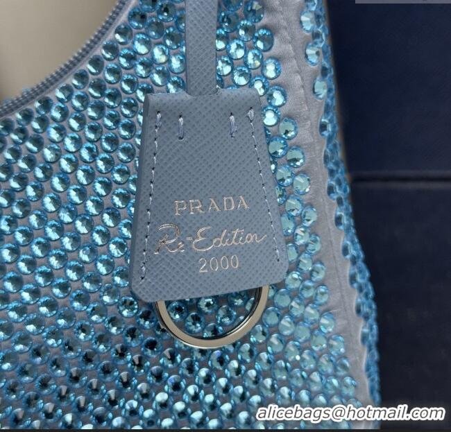 Luxury Cheap Prada Re-Edition Satin Mini-bag with Crystals 1NE515 Blue 2025