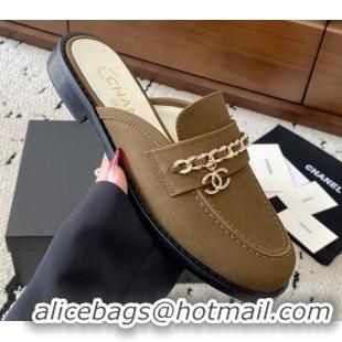 Cheap Price Chanel Suede Loafer Mules with Chain and Strass Khaki 2025 G46581