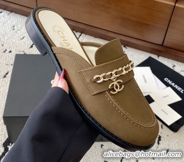 Cheap Price Chanel Suede Loafer Mules with Chain and Strass Khaki 2025 G46581