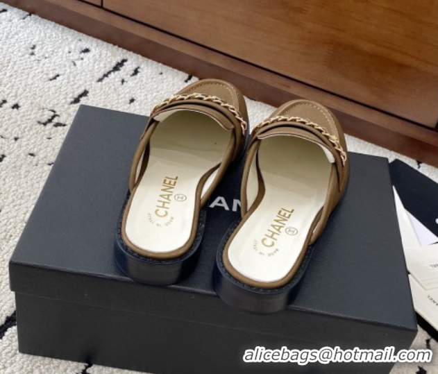 Cheap Price Chanel Suede Loafer Mules with Chain and Strass Khaki 2025 G46581