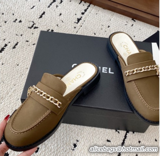 Cheap Price Chanel Suede Loafer Mules with Chain and Strass Khaki 2025 G46581
