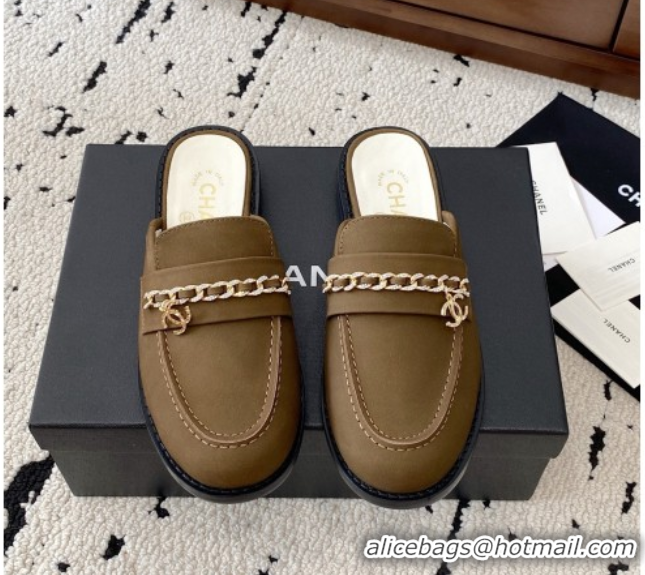 Cheap Price Chanel Suede Loafer Mules with Chain and Strass Khaki 2025 G46581