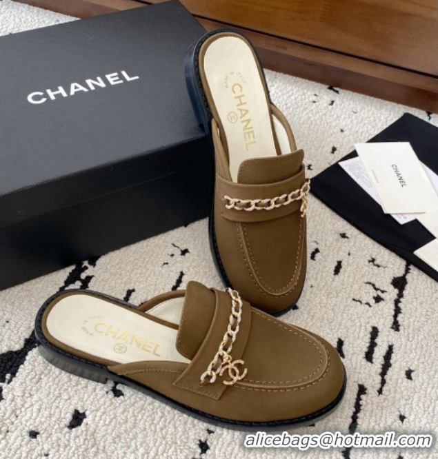Cheap Price Chanel Suede Loafer Mules with Chain and Strass Khaki 2025 G46581