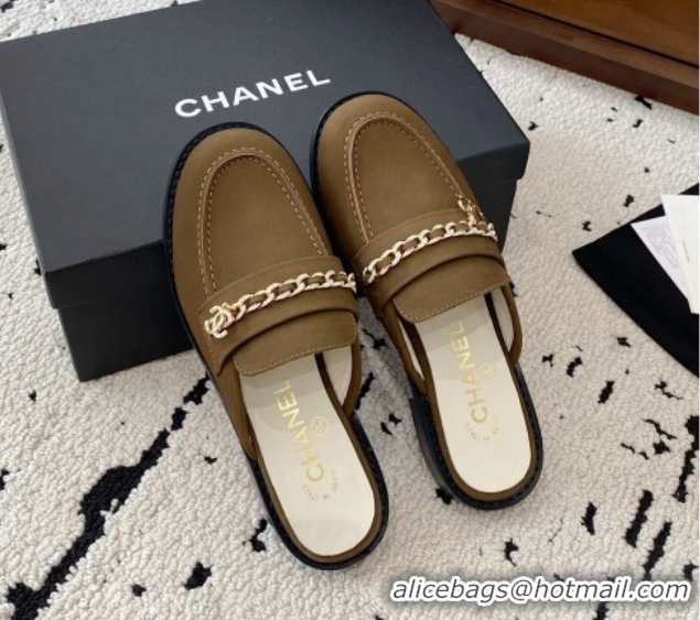 Cheap Price Chanel Suede Loafer Mules with Chain and Strass Khaki 2025 G46581