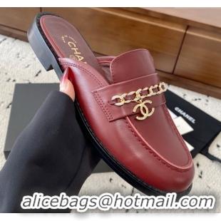 Original Cheap Chanel Shiny Lambskin Loafer Mules with Chain and Strass Red 2025 G46581
