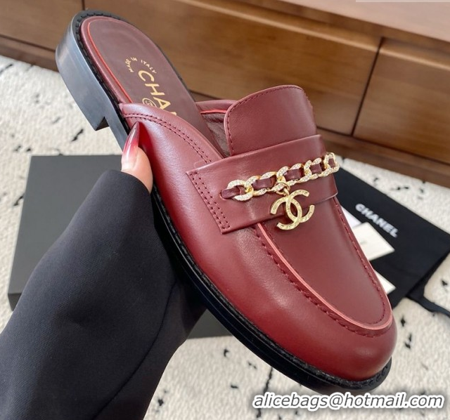 Original Cheap Chanel Shiny Lambskin Loafer Mules with Chain and Strass Red 2025 G46581