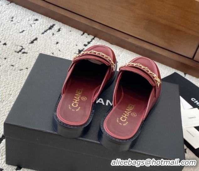 Original Cheap Chanel Shiny Lambskin Loafer Mules with Chain and Strass Red 2025 G46581