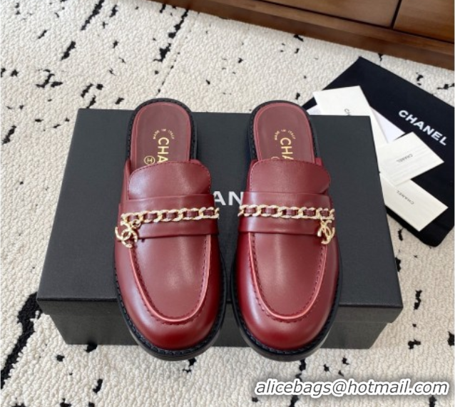 Original Cheap Chanel Shiny Lambskin Loafer Mules with Chain and Strass Red 2025 G46581