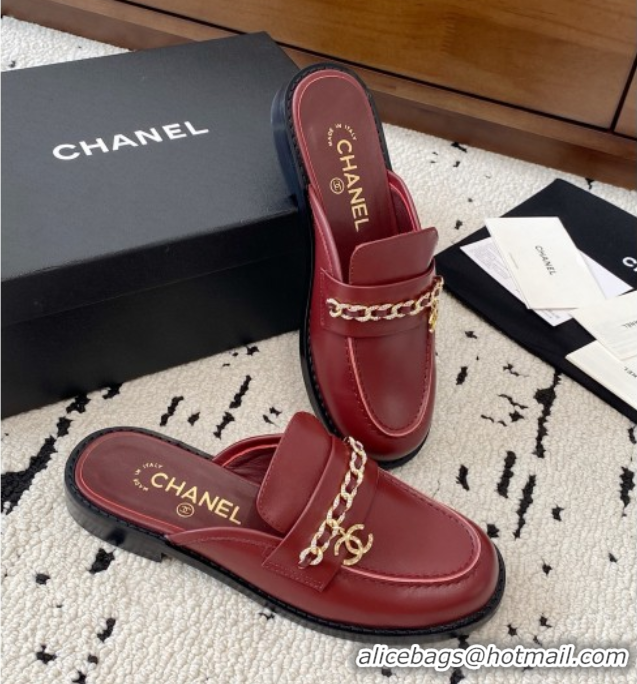 Original Cheap Chanel Shiny Lambskin Loafer Mules with Chain and Strass Red 2025 G46581