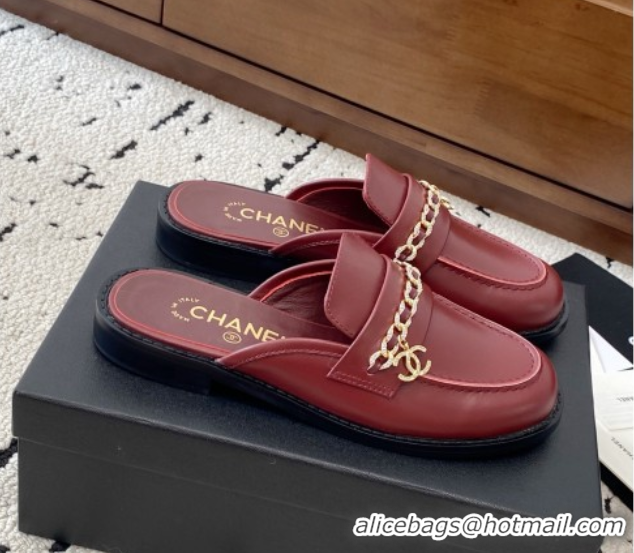 Original Cheap Chanel Shiny Lambskin Loafer Mules with Chain and Strass Red 2025 G46581